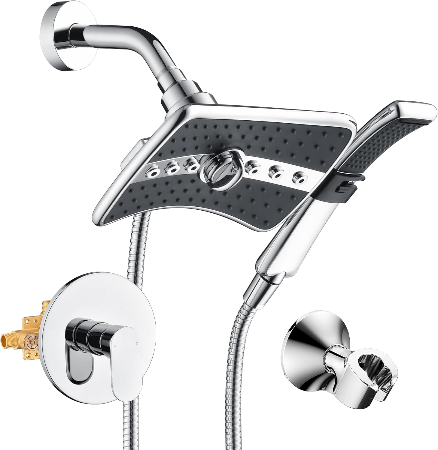 Sistema de ducha dual BRIGHT SHOWERS con ducha de lluvia y ducha de mano, juego de grifería para ducha con válvula y kit de revestimiento, incluye manguera de acero inoxidable de 200 cm, cromado miniatura 1