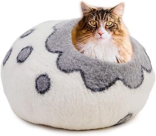 Woolygon Felt Cat Bed Cave - Wool Kitty Beds Handcrafted Kitten Caves Bed for Indoor Cats - Made from 100% Eco-Friendly Merino Wool, Foldable Cat Hidewawy Pod Covered Cat House (Flower Collar)