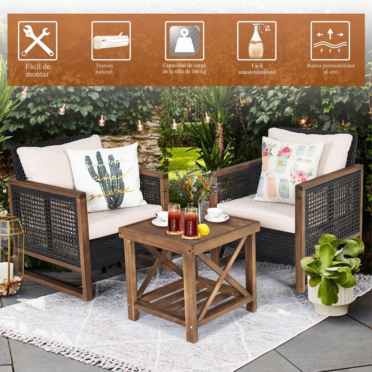 GIANTEX Juego de Muebles de Jardín 3 Piezas, 2 Sillones de Ratán con Marco de Madera de Acacia, con Mesita de Café, Asiento con Cojines, 115 x 64 x 80 cm, para Jardín, Terraza, Patio