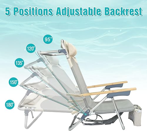 Miniatura 4 de Silla de playa plegable de aluminio de 5 posiciones con mesa de camping Samll, silla de salón plana de bambú para exteriores para adultos con bolsa