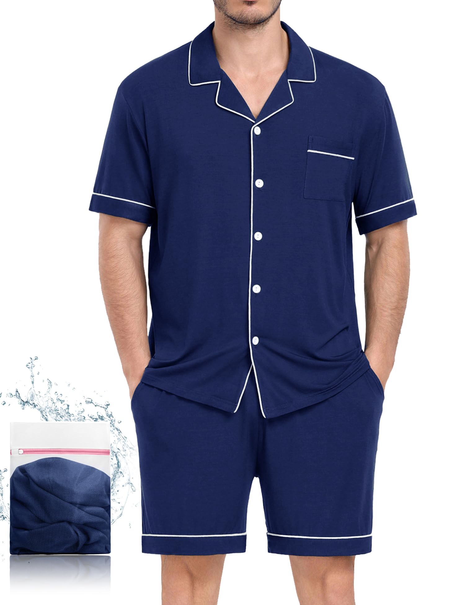 YOPUGEE Mens Pajamas Set Short Sleeve Sleepwear Button Down Loungewear Set Soft Modal 2Pcs Pj Set with Pockets S-3XL