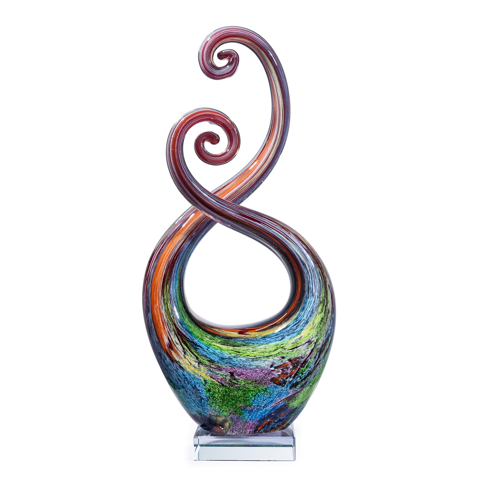 Mysphex 14″ Hand Blown Art Glass Sculpture with Base -Murano Style Glass Art Piece - Weatherproof Indoor & Outdoor Use Multicolor Swirled Abstract Art