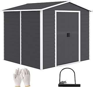 Outsunny Gerätehaus 4,4 m², Gartenhaus mit Pultdach, Schiebetür, Fundament, Einfach Montage 240 x 206 x 198 cm, Geräteschuppen aus Verzinkter Stahl, wetterfest, für Garten, Dunkelgrau