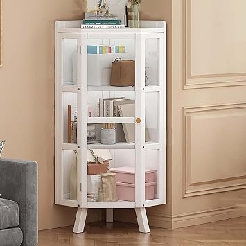 Acrylic Corner Curio Cabinet, Dustproof Display Cases with Top Storage, Floor Standing Storage Organizer with Door, Corner Bookshelf for Living Room, Kitchen, Home Office