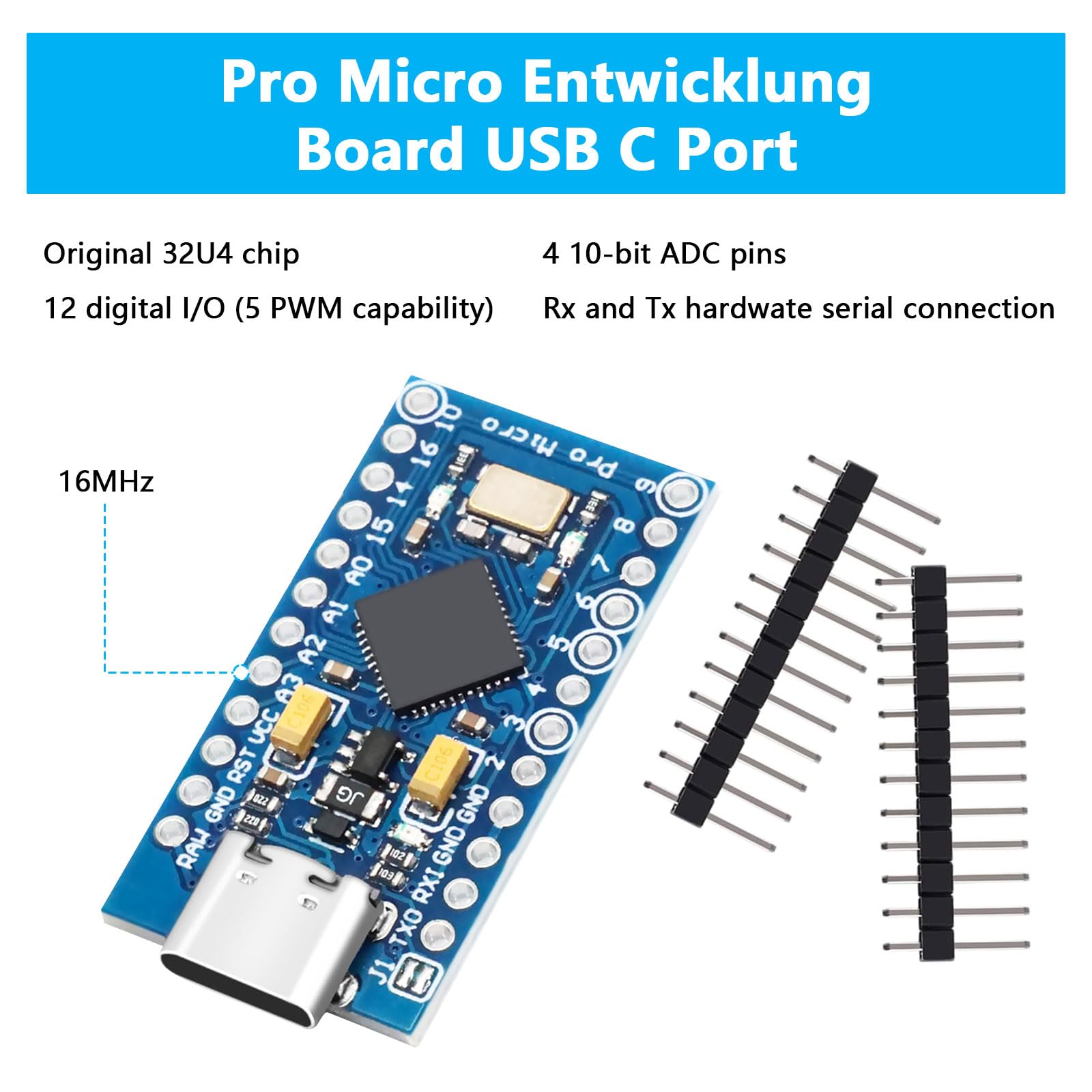 Pro Micro 32U4 Entwicklungsboard – 3 Stück – 5V/16MHz, Typ-C USB – Kompatibel Mit Arduino – Mit 18 I/O, 9 ADC & Hardware-Seriell