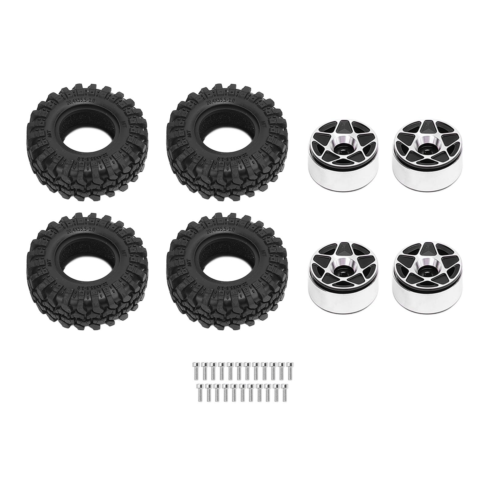 1,0 Cerchi in Lega in Lega di Alluminio con Pneumatici a Ruota a cingoli in Gomma Morbida a 5 Stelle per Il Terreno Fuoristrada assiale 1/24 rc Crawler Fuoristrada (Nero)