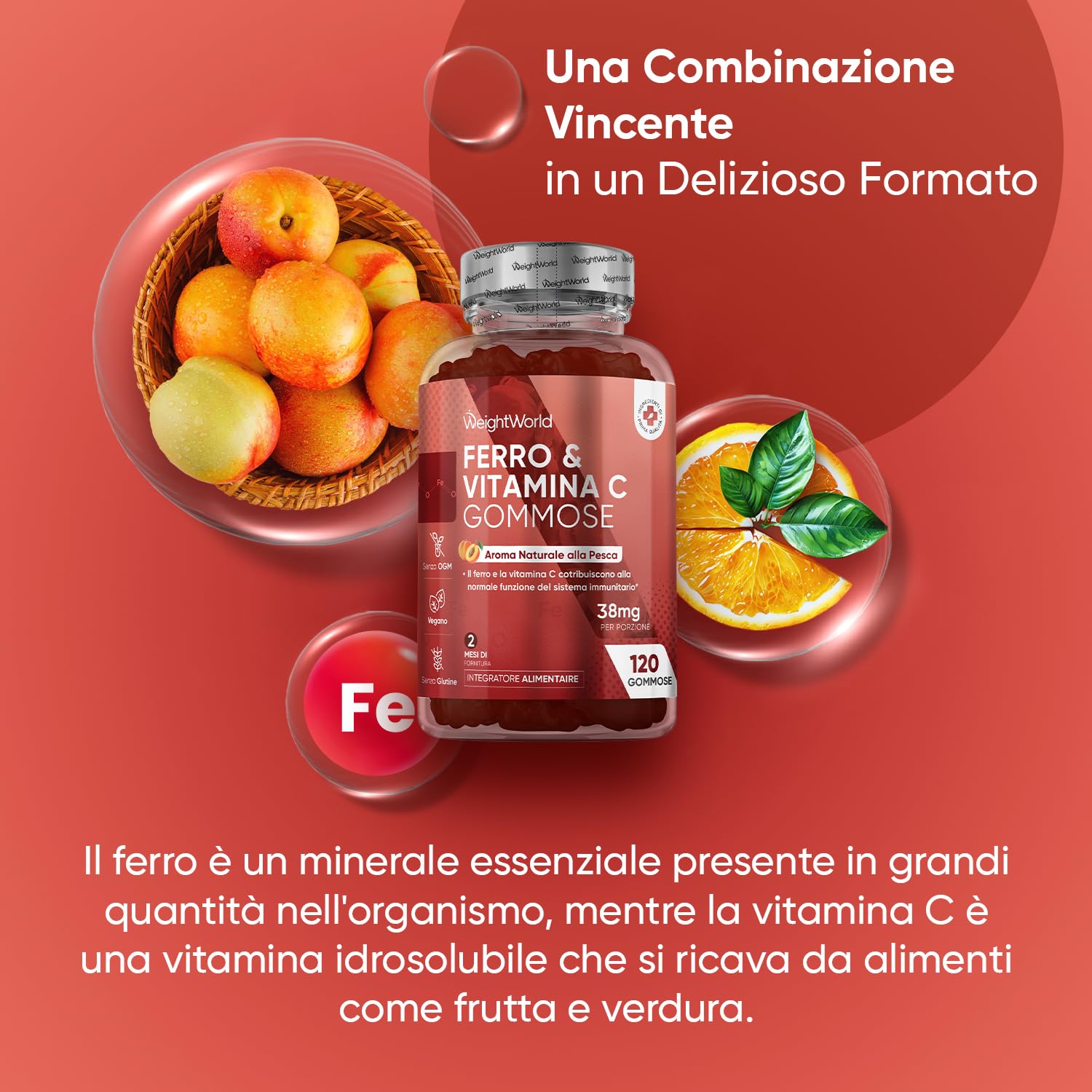 Integratore Ferro e Vitamina C in 120 Caramelle Gommose Vegane (Scorta 2 Mesi), 38mg di Ferro Integratore (Fumarato Ferroso) con Vitamina C (Acido L-Ascorbico), Gusto Naturale di Pesca, Senza Glutine