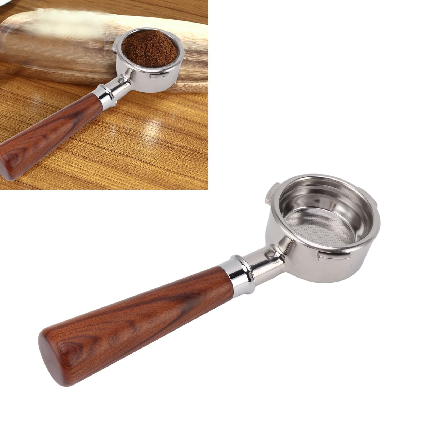 Portafiltro de 58 mm sin fondo, portafiltros de diseño de 3 orejas con mango de madera maciza para cafeteras (Redwood en estilo A1)