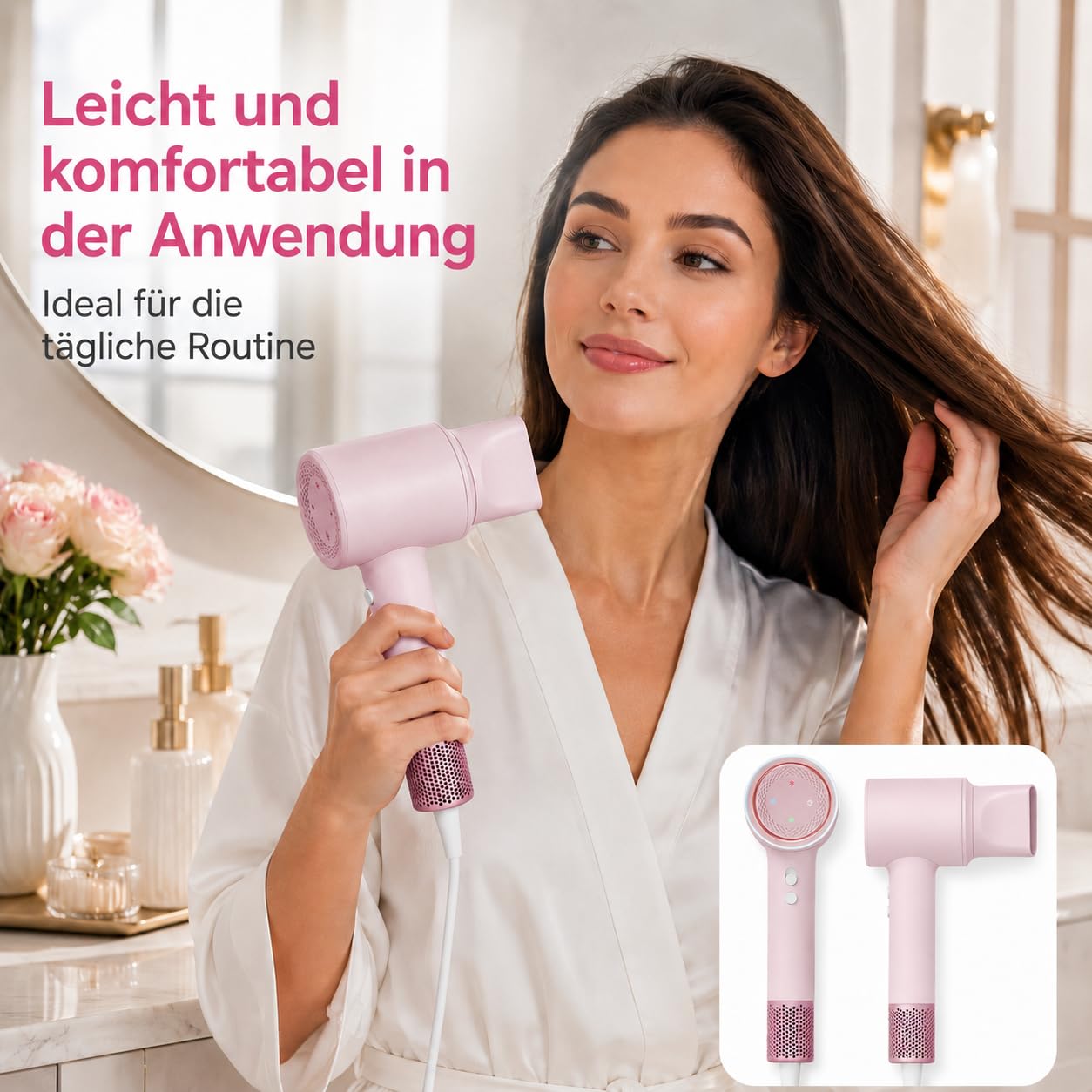 2025 Professioneller Ionen-Haartrockner mit 3 Einstellungen, 1600 W, KI-Technologie und 200 Millionen negative Ionen für Zuhause, Reisen, Fitnessstudio (Rosa)