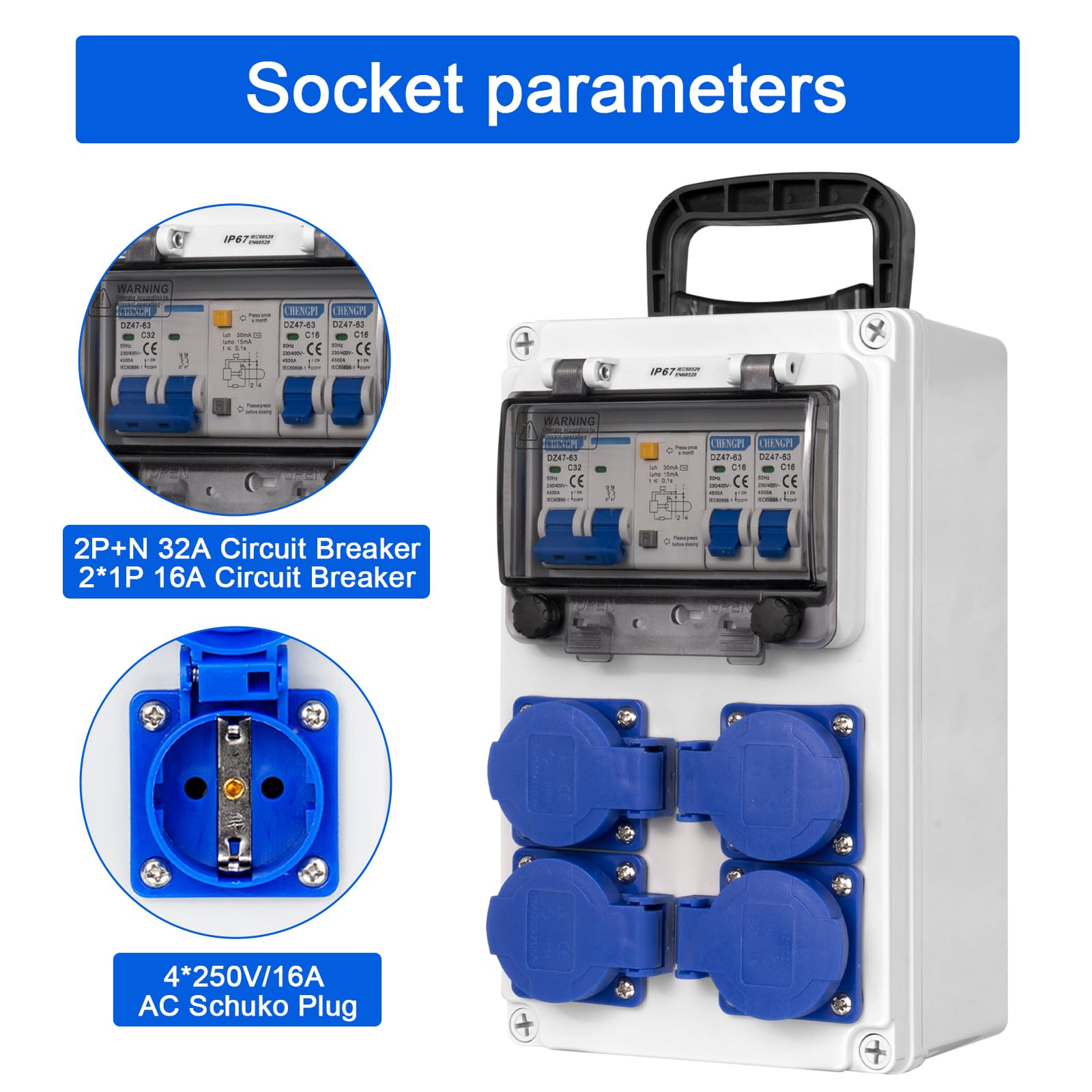 Distributore di Corrente per Cantieri con Interruttore FI 2P+N 32A, Distributore a Parete con 4 Spine di Messa a Terra 250V/16A, Distributore a Superficie per Edilizia, Industria, Uso Esterno