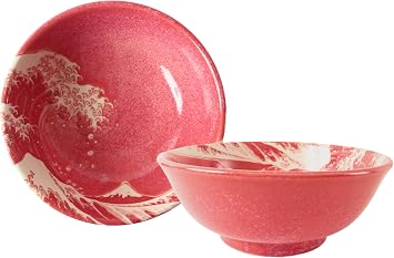 Mino ware Japanese Pottery Pair Ramen Noodle Donburi Bowl Mt.Fuji & Big Wave Red set of two made in Japan AKD202 2pcs of Red