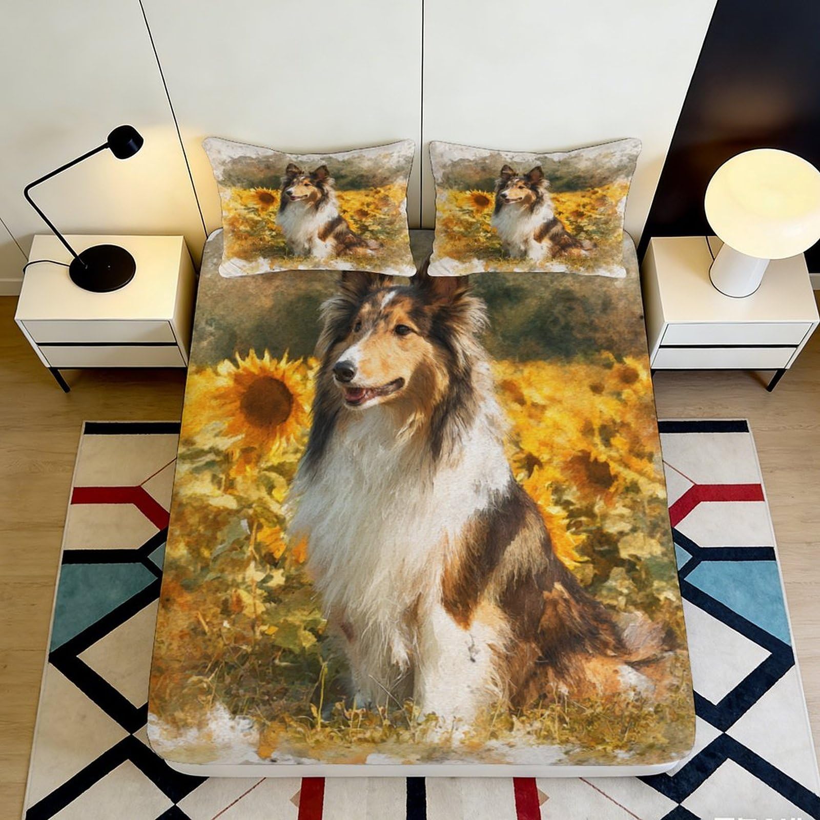 3D Printed Sunflower Dog Fitted Sheet Microfiber Deep Pocket Non-Slip Bedroom Bedding Sunflower Mattress Fitted Cover Washable 90x200x25cm