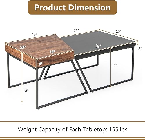 Miniatura 3 de Giantex Juego de 2 mesas auxiliares apilables mesa auxiliar moderna negra y marrón con patas de metal revestidas en polvo mesa anidadora trapezoidal