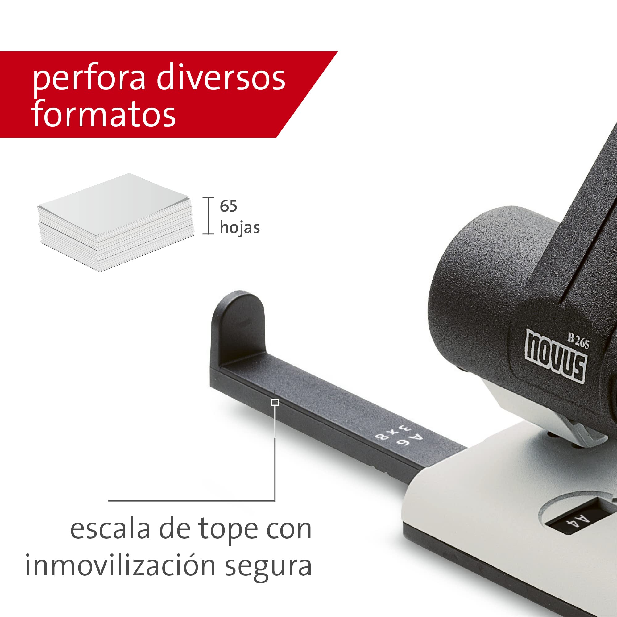 Novus B265 - Perforadora (con brazo de fijación, capadidad de perforación: 65 hojas), color negro y gris