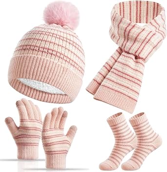 Kids Winter Hat Gloves Scarf Socks Set 4Pcs, Toddler Pom Beanie Warm Knit Scarf Fleece Mittens Socks for Girls Boys Aged 3-8