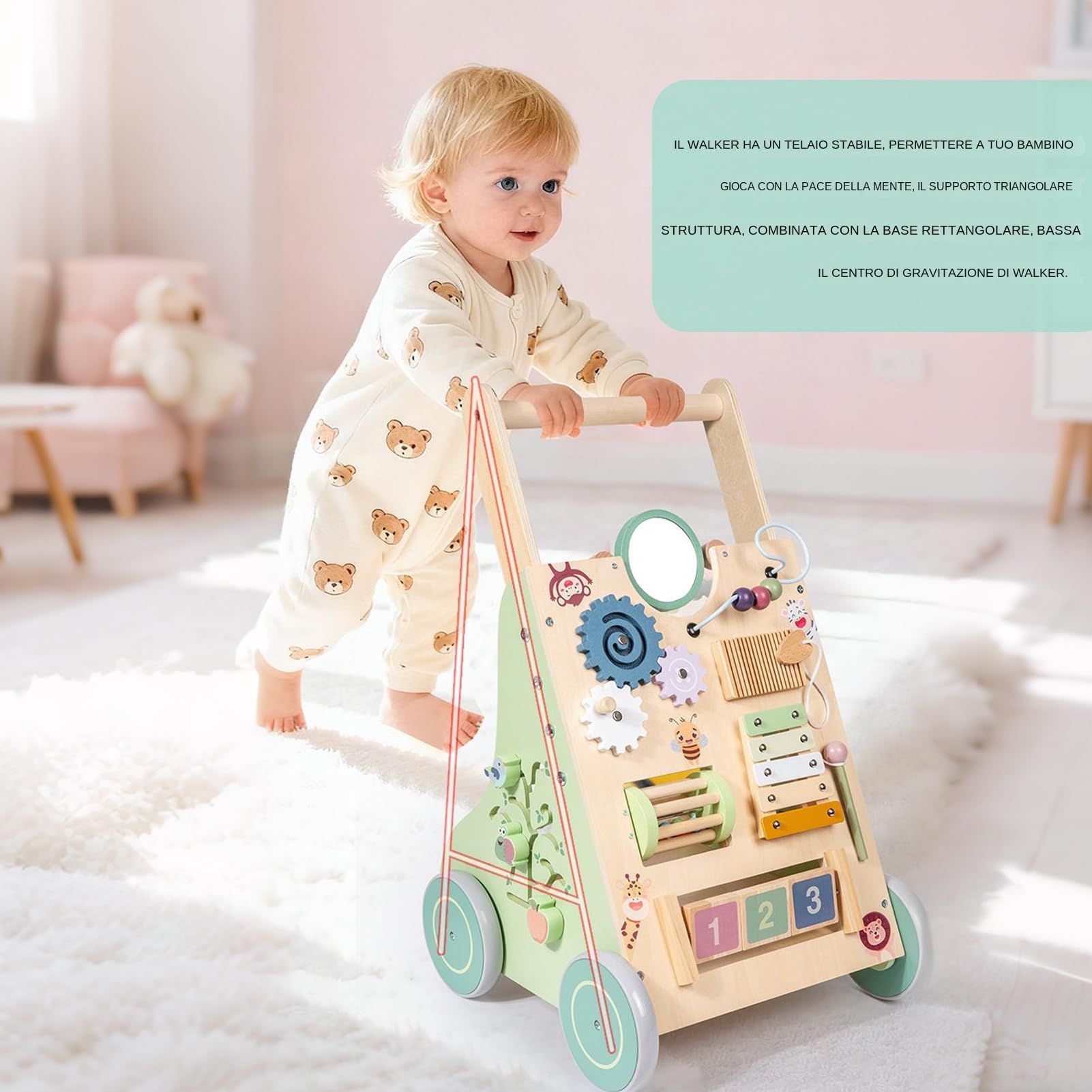 Andador De Madera Para Niños Juego Silencioso con Mango Ajustable