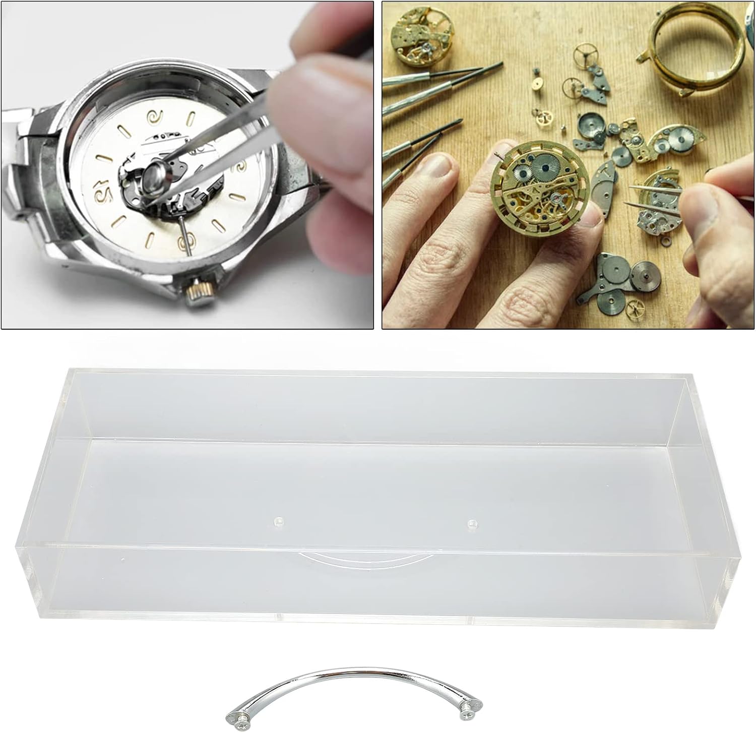Transparent Plastic Storage Case, 12.2 x 4.7 x 2.4 Inches, Large Capacity Rectangular with Handle for Watch Parts Accessories