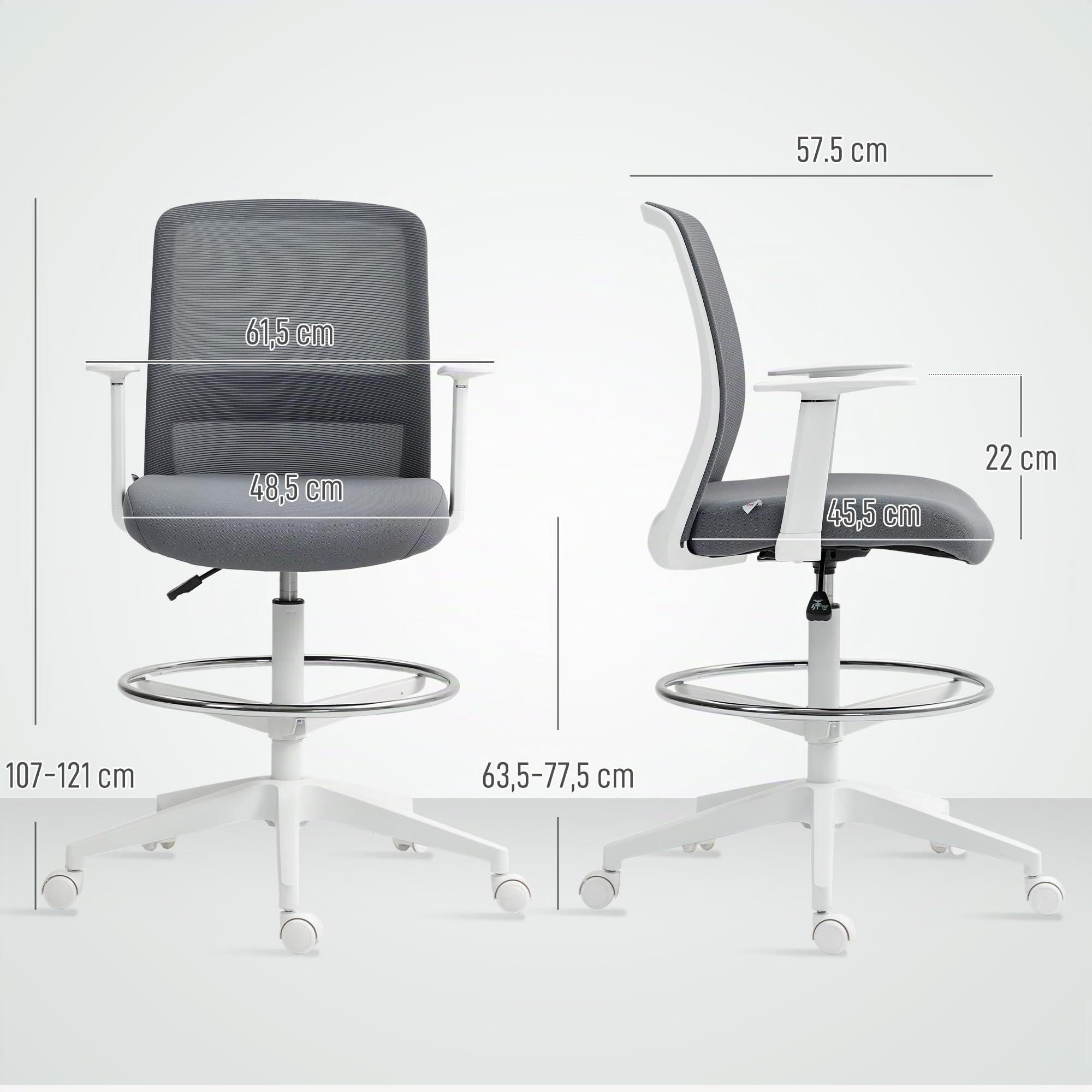 HOMCOM Bürostuhl Hoch Ergonomischer Schreibtischstuhl Armlehnen Grau | Mit Fußring, Höhenverstellbarer Zeichenstuhl, Drehstuhl mit Netzbespannung