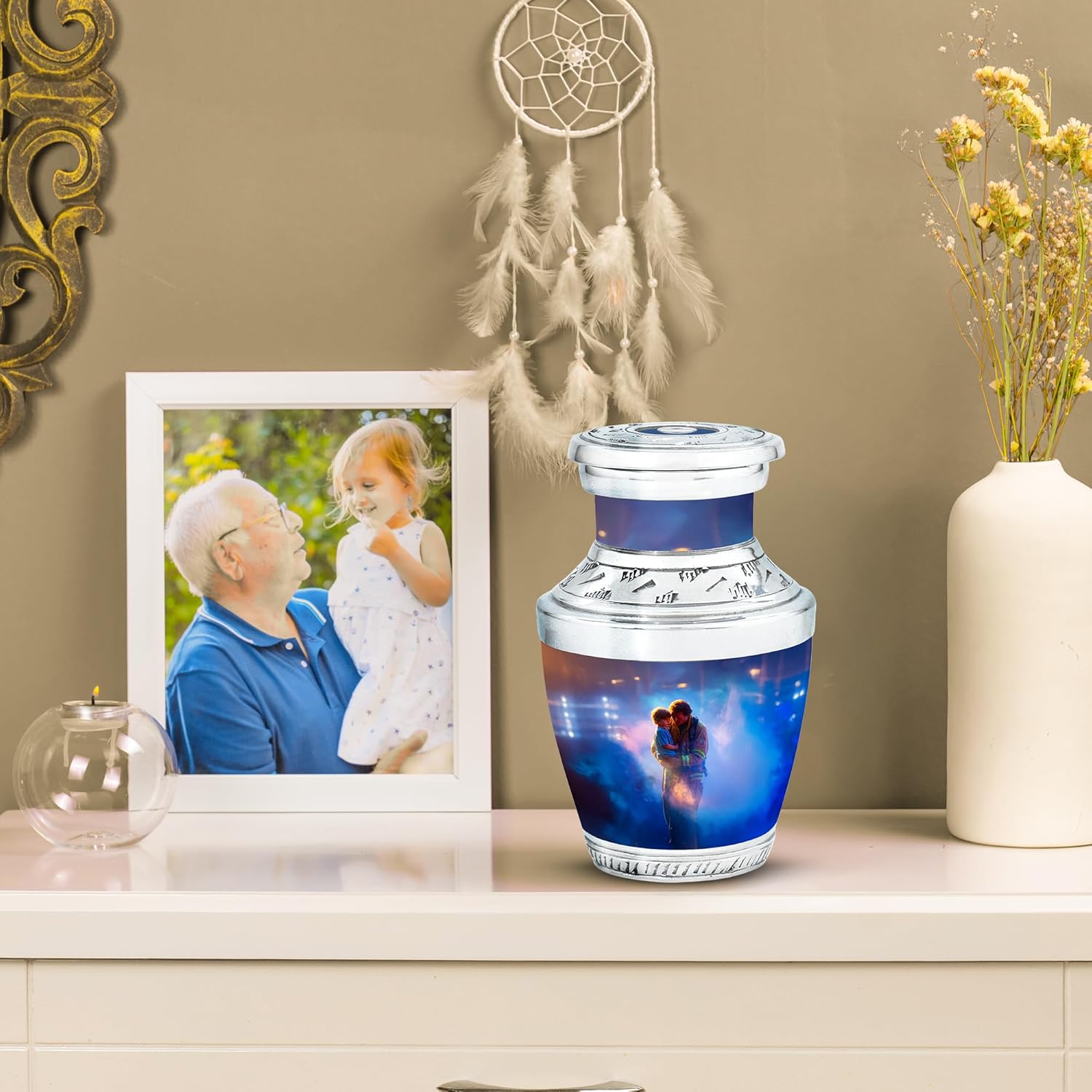 Fire Fighter Small Urns for Human Ashes Adult Man - Human Design Ash Holders - Blue Urn for Ashes for Women - Keepsake Cremation Urns for Ash - Funeral Memorial Gifts - Mini Funeral Urn 3 Inch