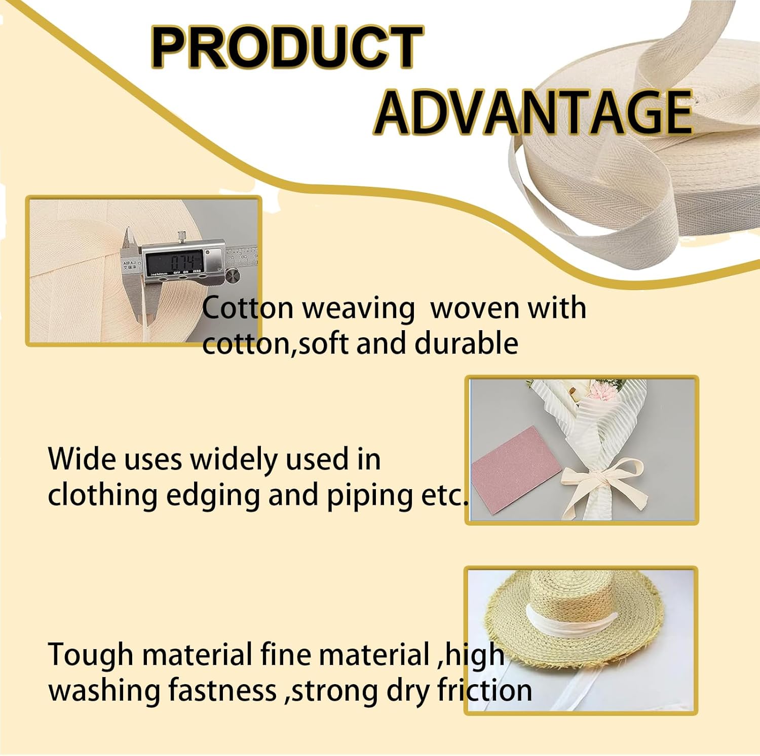 2 Pcs Cotton Tape 20mm, 60m Bias Binding Webbing Tape Natural Cotton Herringbone Bunting Tape for Sewing Dressmaking DIY Alterations DIY Craft