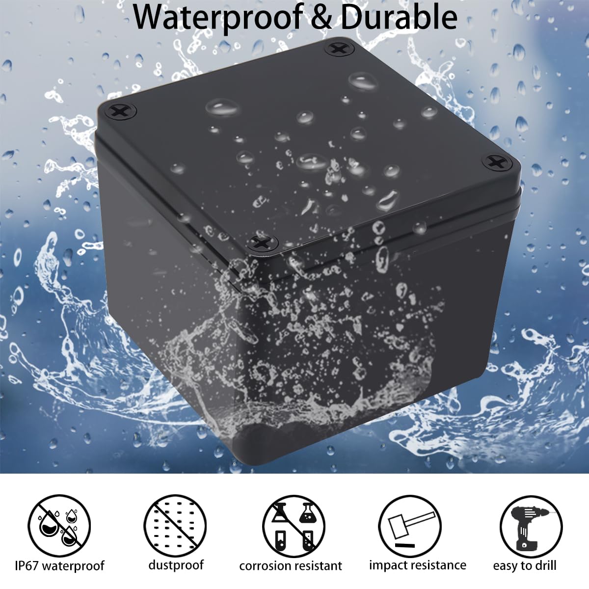 Caja de conexiones, IP67 resistente al agua, ABS, caja de proyectos negra con placa de montaje, caja eléctrica para electrónica exterior, 125 x 125 x 100 mm
