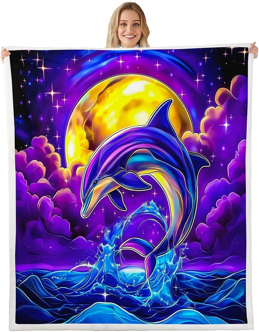 Erosebridal Pink Dolphin Queen 90"X90" Sherpa Blankets Ocean Animal Throw Blanket for Kids Boys Girls Bed,Colorful Coral Reef Fleece Blanket Underwater World Plush Bed Blanket