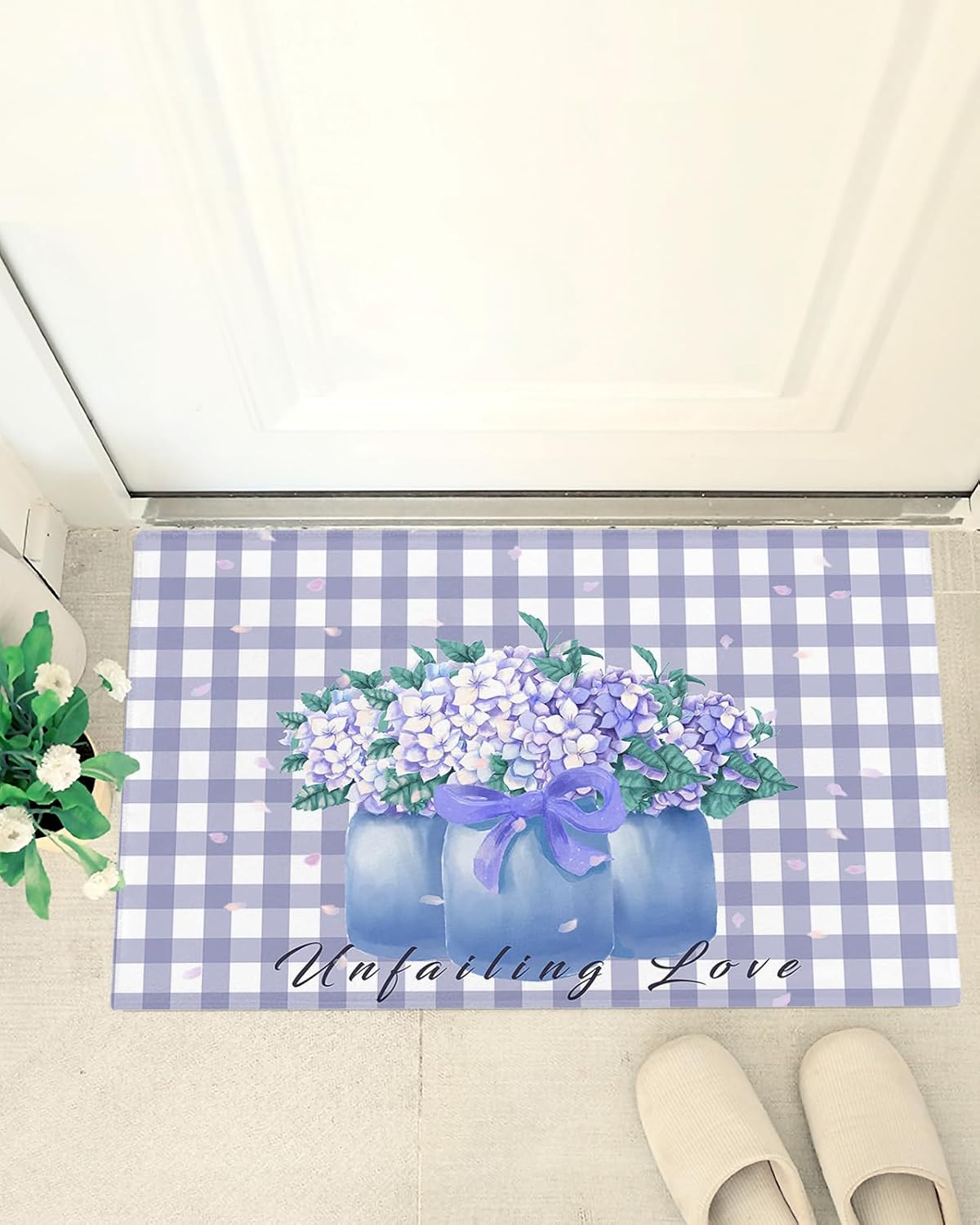 Shag Door Mats Bath Rugs Summer Hydrangea in Vase Gingham Check,Soft Fluffy Doormats Non Slip Carpet Floral Purple White Plaid,Shaggy Fuzzy Area Throw Rug for Kitchen/Bathroom/Bedroom 20x31.5In