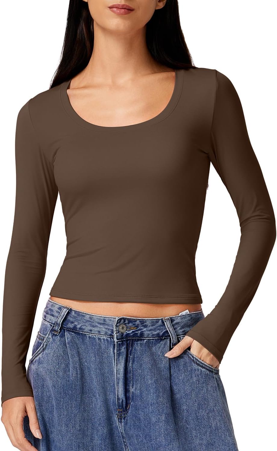 QINSEN Women's Crew Neck Long Sleeve Crop Top Double Lined Slim Fit Y2k T Shirts