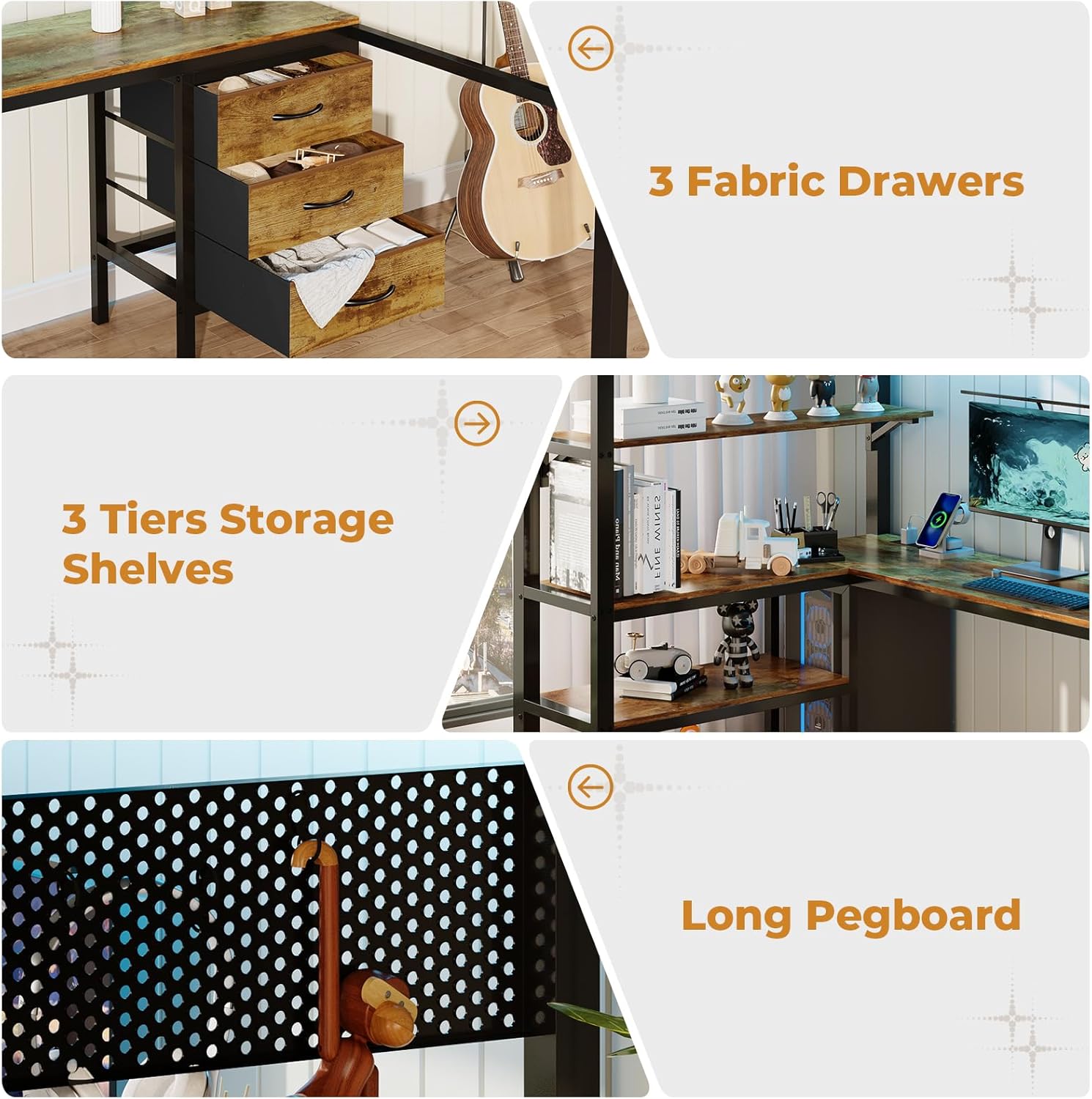 Loft bed storage features including fabric drawers and pegboard