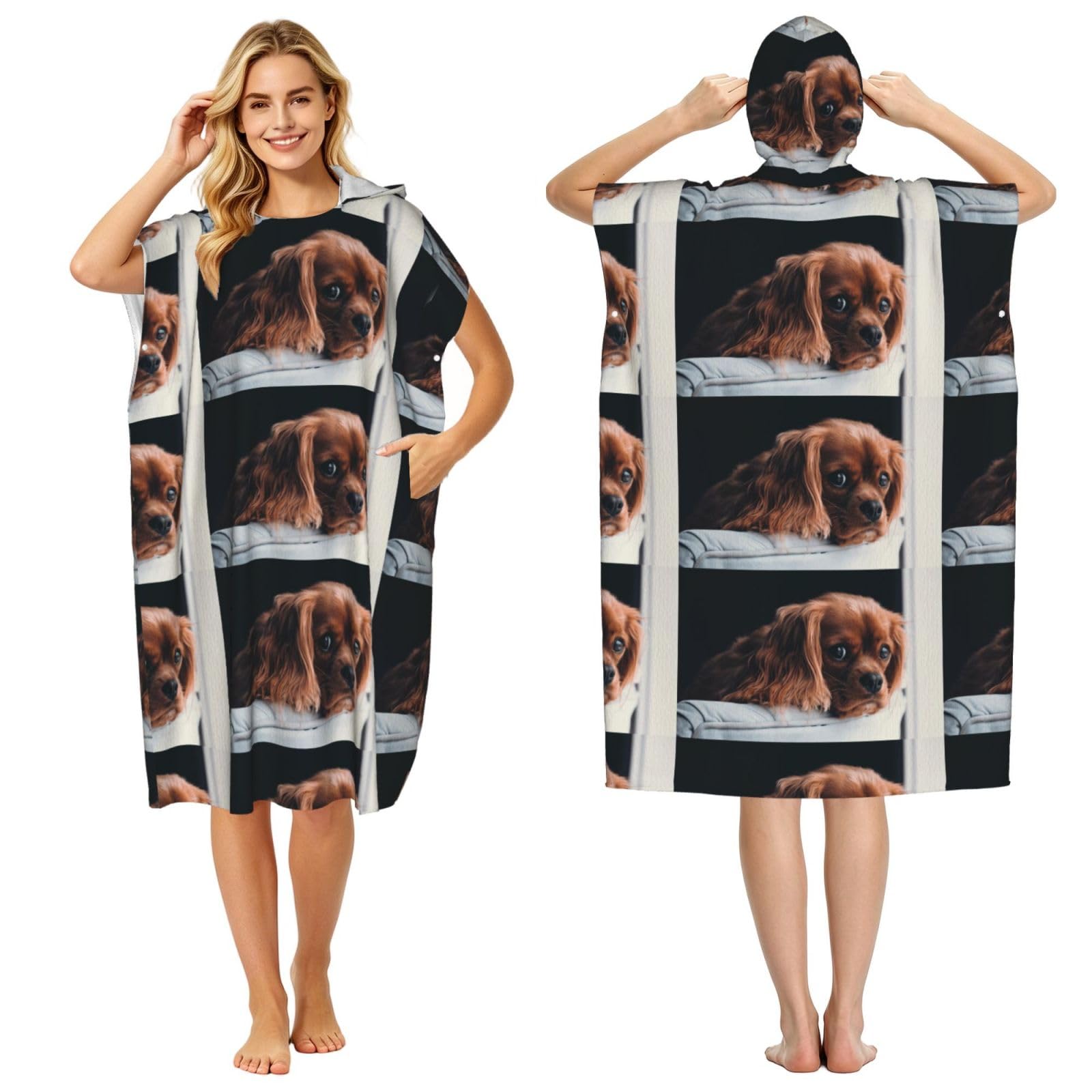 Poadnly Ruby Cavalier King Charles Spaniel Puppy Dog, Adult Hooded Beach Towel 90 x 110 cm,Changing Bath Robe, Surf Poncho Towel For Women Men