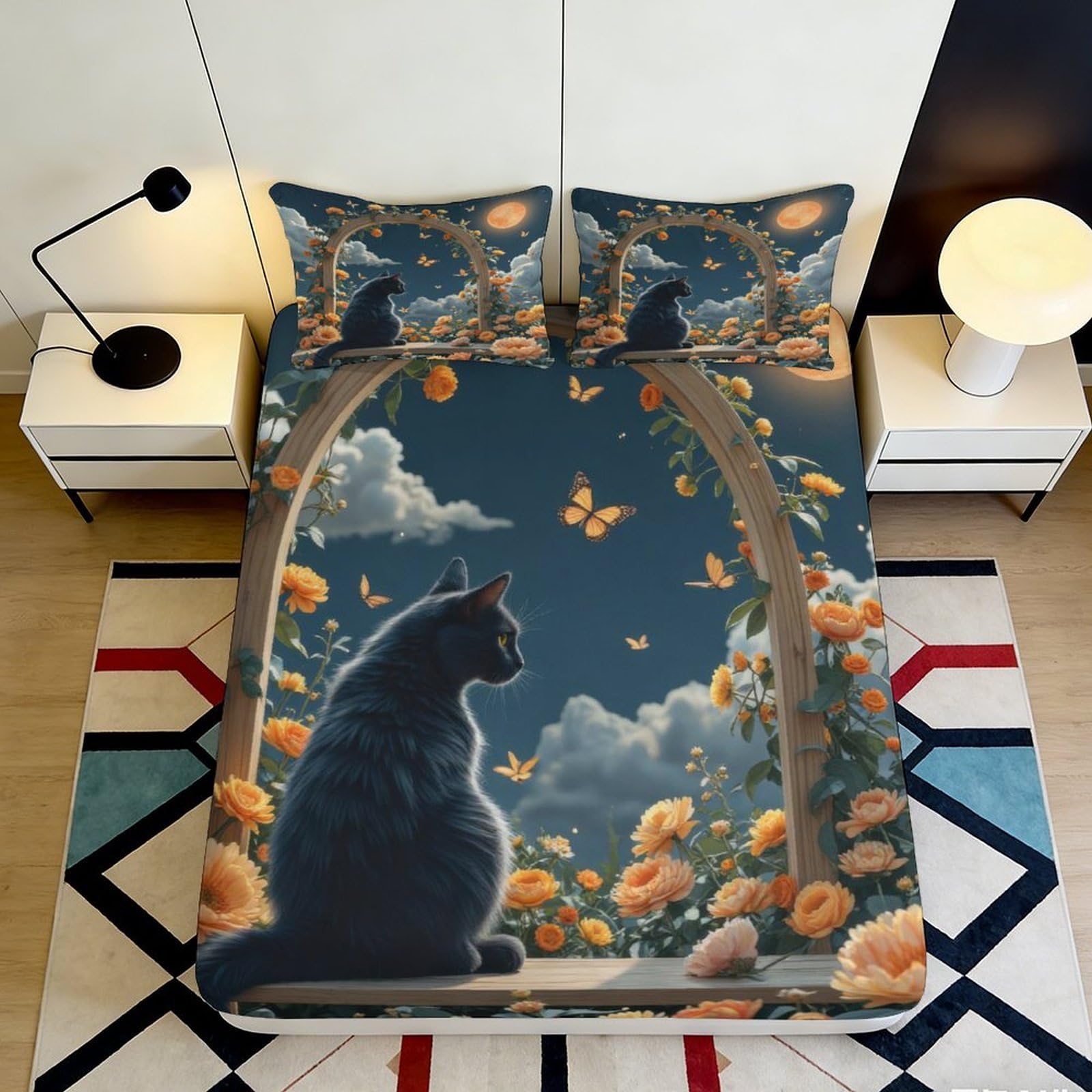 3D Printed Cat and Butterfly Fitted Sheet Microfiber Soft Breathable Floral Window Bed Cover for Bedroom Dormitory Guest Room Mattress Protection Decor 200x200x25cm