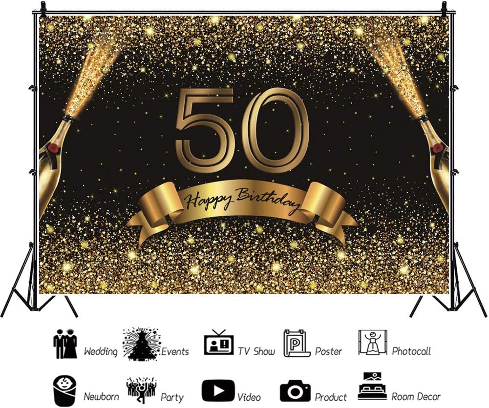 Flаѕh Sаlе Haoyiyi 10x8ft 50th Birthday Backdrop Champagne Gold Golden Bling Bling Glitter Background Photography Photo Men Women Woman Adult Party Parties Engagement Decoration Shoots