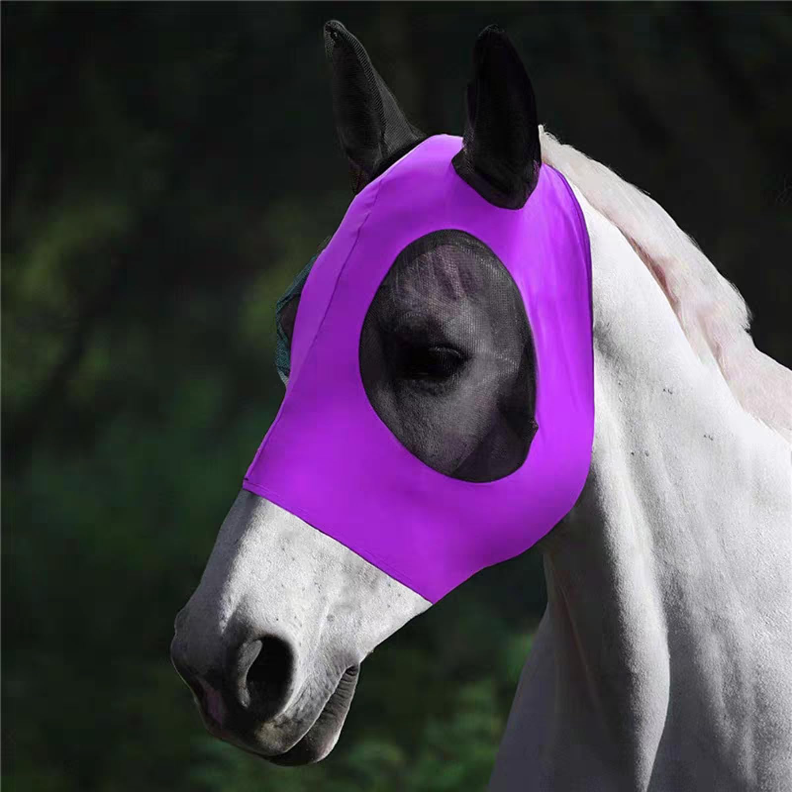 Basetousual Horse Fly Mask, Fly Mask, Horse UV Protection, Fly Mask Horse with Breathable Fine Net and Ear Protection, Elastic Brake Mask, Anti-UV, Anti-Mosquitoes (Purple)