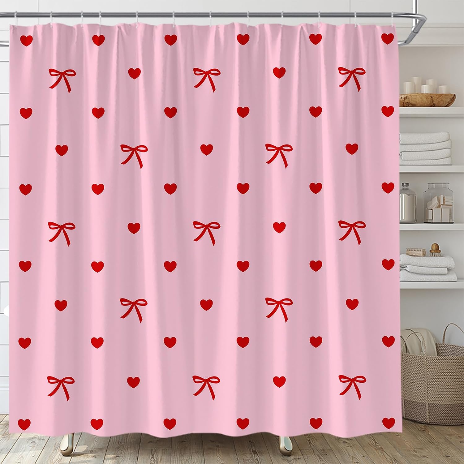 Valentines Shower Curtain Pink Red Bow Heart Romantic Sweet Love Modern Fabric Bathroom Decor Set with Hooks,(70" Wx78 H)