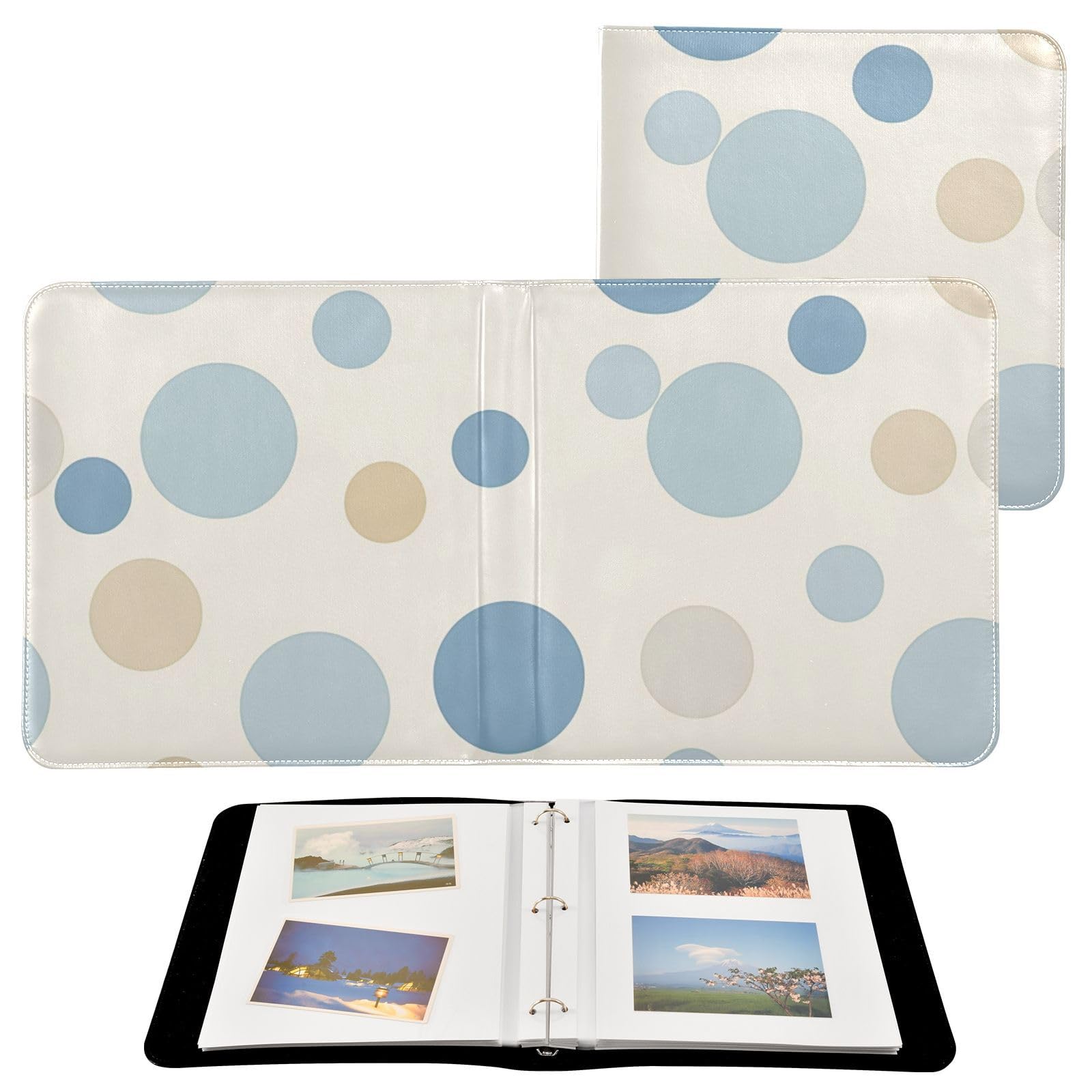 JIPONI Plain Blue Bobby Round Large Photo Album, DIY Leather Cover Scrapbook Albums for 4x6 5x7 6x8 Pictures, Self Adhesive Memory Book for Wedding, Baby, Family