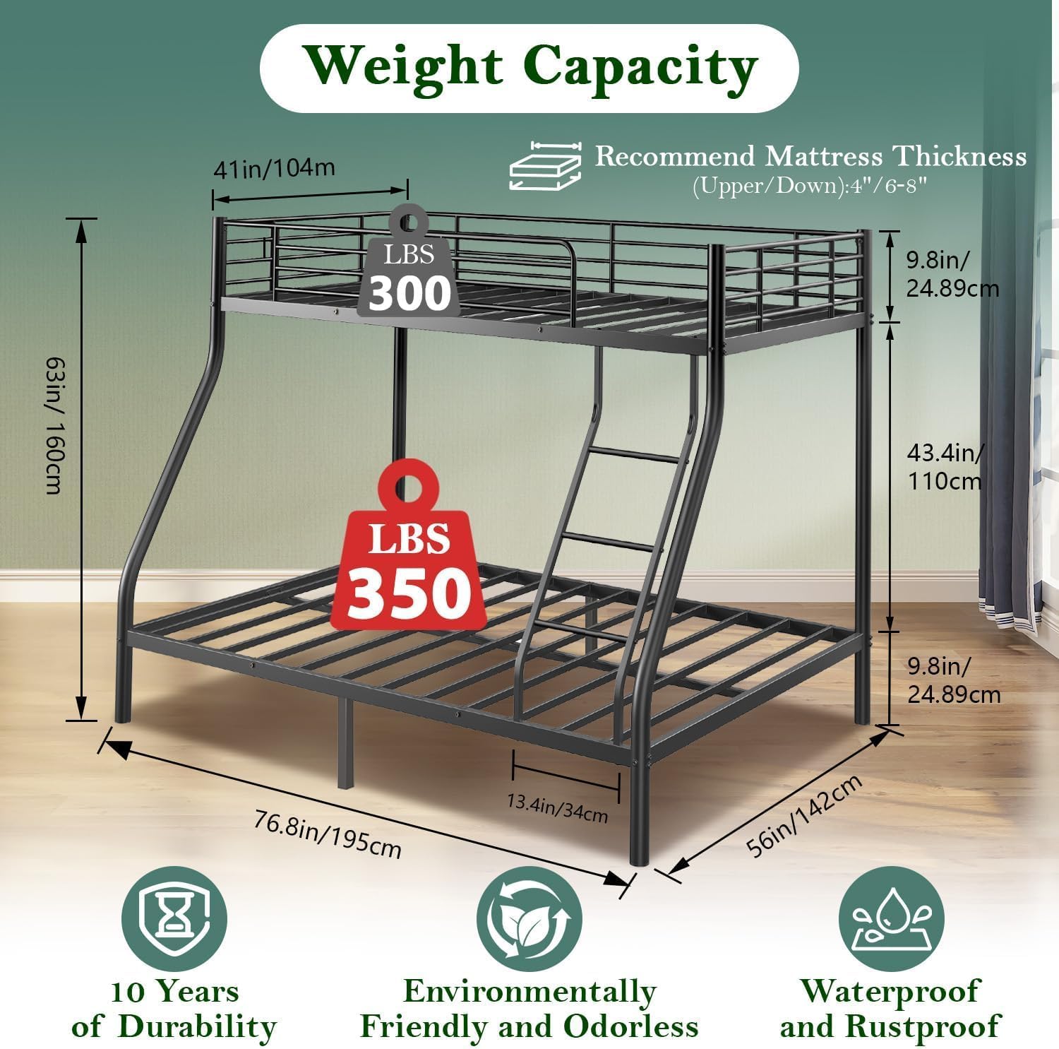 Diagram showing dimensions and weight capacity of the bunk bed