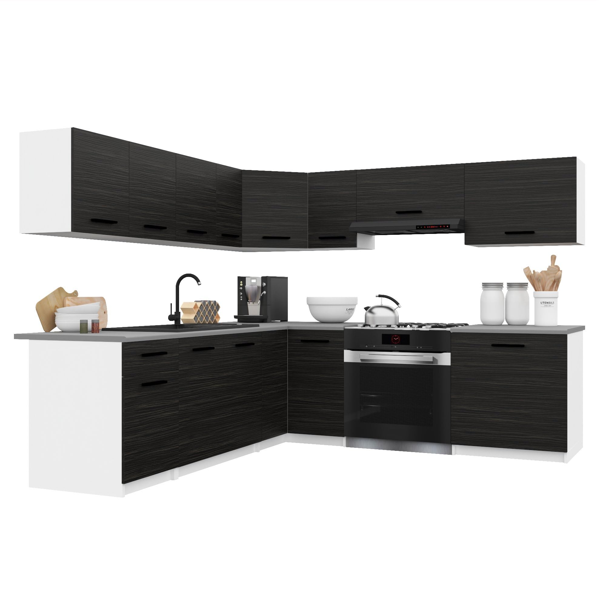 Belini Italia 7 Meuble Cuisine d'angle 420cm Ébène | Cuisine complète, meubles hauts et bas inclus, montage facile