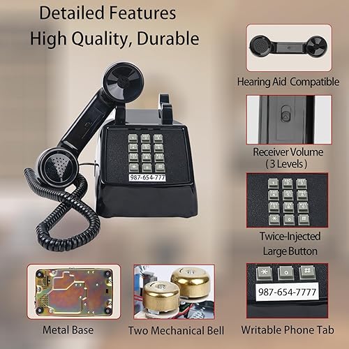 Miniatura 2 de Teléfonos analógicos retro para teléfono fijo (timbre mecánico), teléfono de escritorio vintage (compatible con ayuda de oído), teléfono de