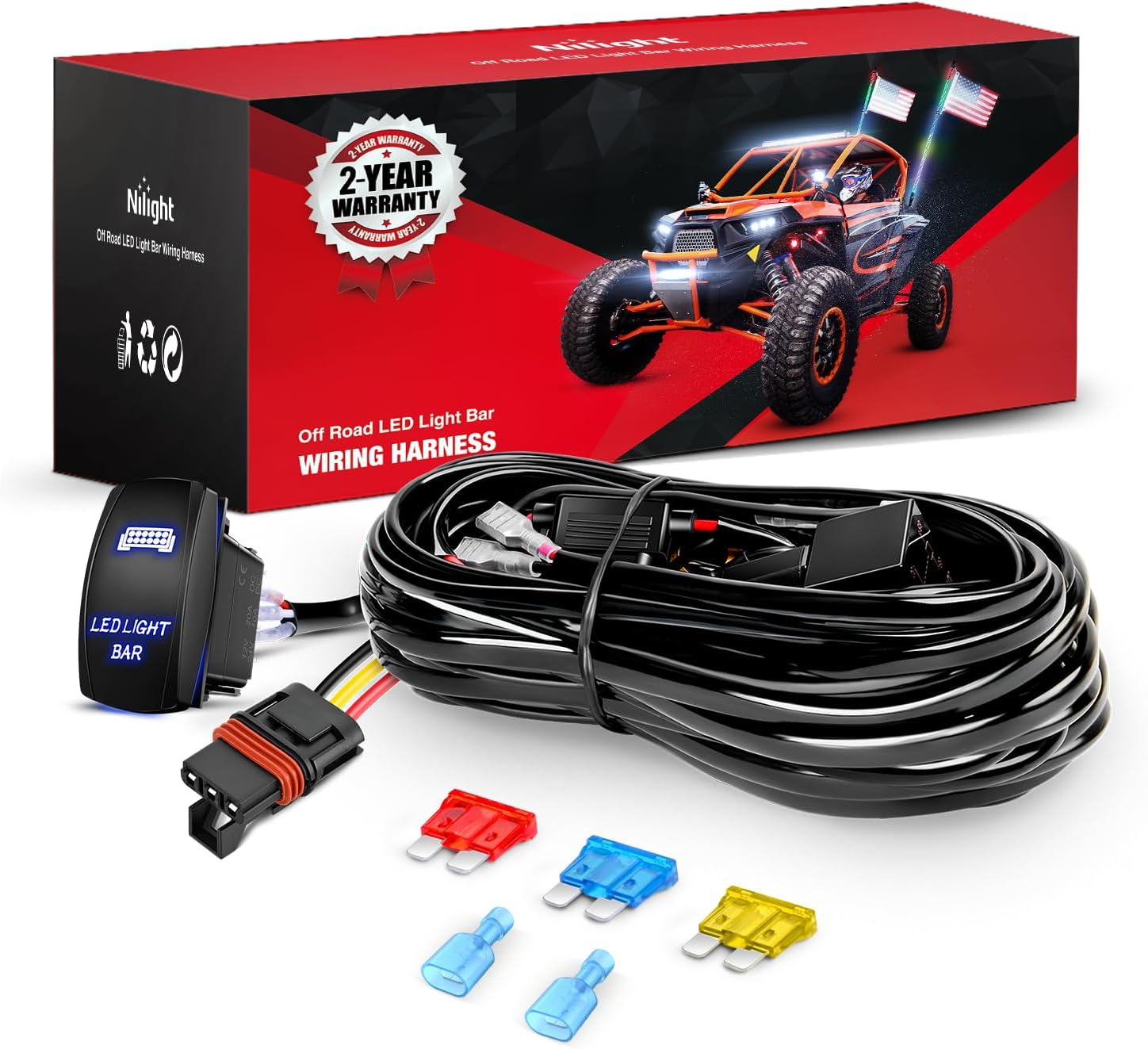 Nilight 14AWG LED Light Bar Wiring Harness Kit with Pulse Power Plug Connector 12V On Off 5Pin Rocker Switch Relay Fuse for Polaris RZR General Ranger Pulse Bus bar - 1 Lead Blue