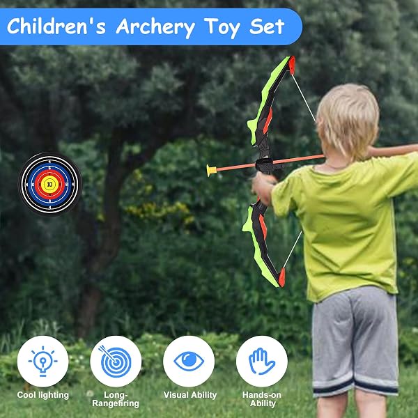 Arco e freccia per bambini, set di giocattoli con LED, 10 frecce con ventose, bersaglio e carcone, giocattolo da allenamento interno ed esterno per bambini e ragazze - 2