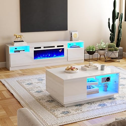 AMERLIFE 2-Piece Modern Living Room Table Sets, Includes 70" Highgloss Fireplace TV Stand, Coffee Table with Glass Shelves, LED Lights Entertainment Center Sets, White