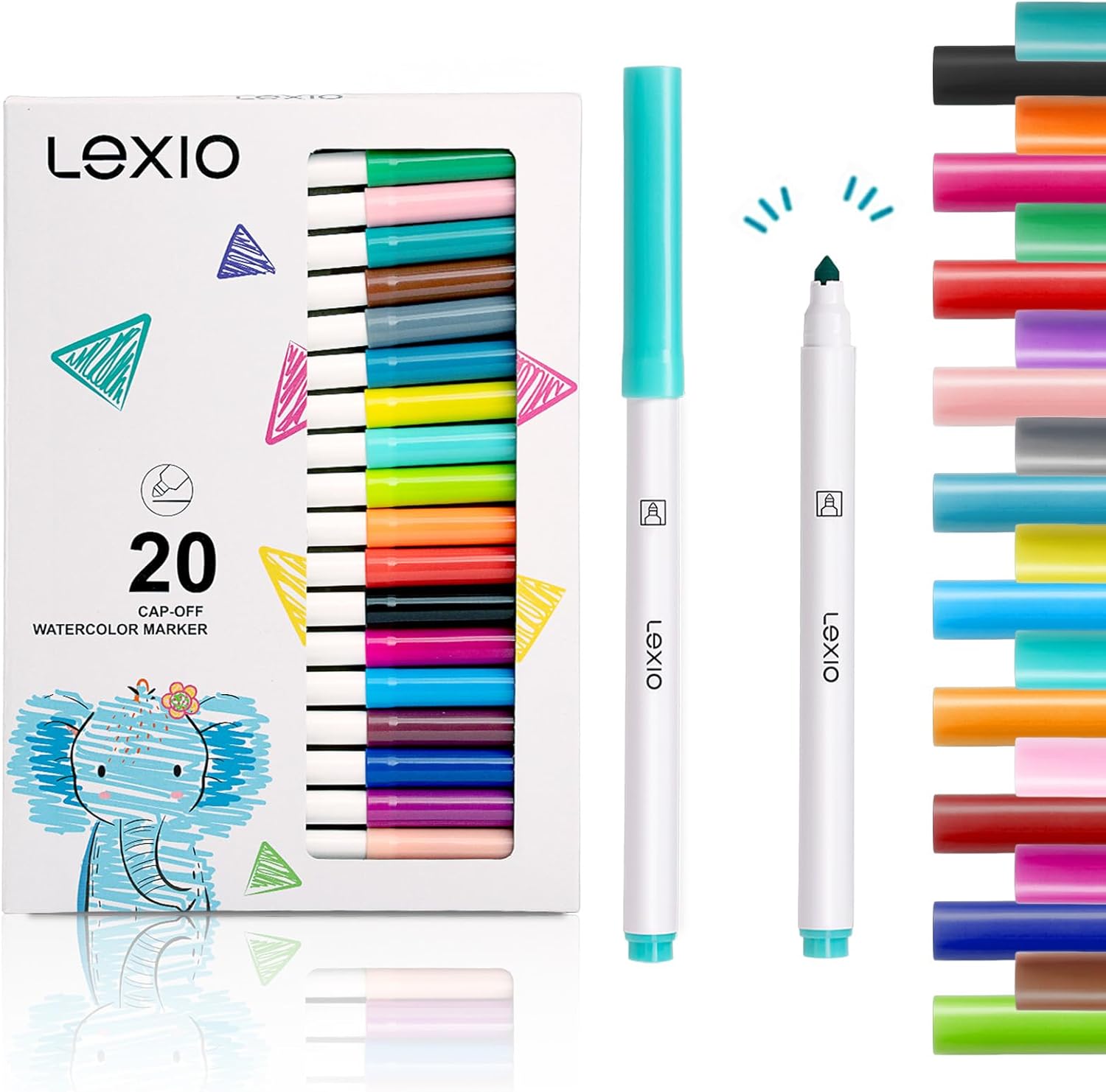 Lexio Washable Markers For Kids, 20 Vibrant Coloring, Washable Non Toxic Markers for Toddlers, Conical Tip, Easy Clean Coloring Book Marker Set for Kids Toddlers Adults Students, 20 Pcs