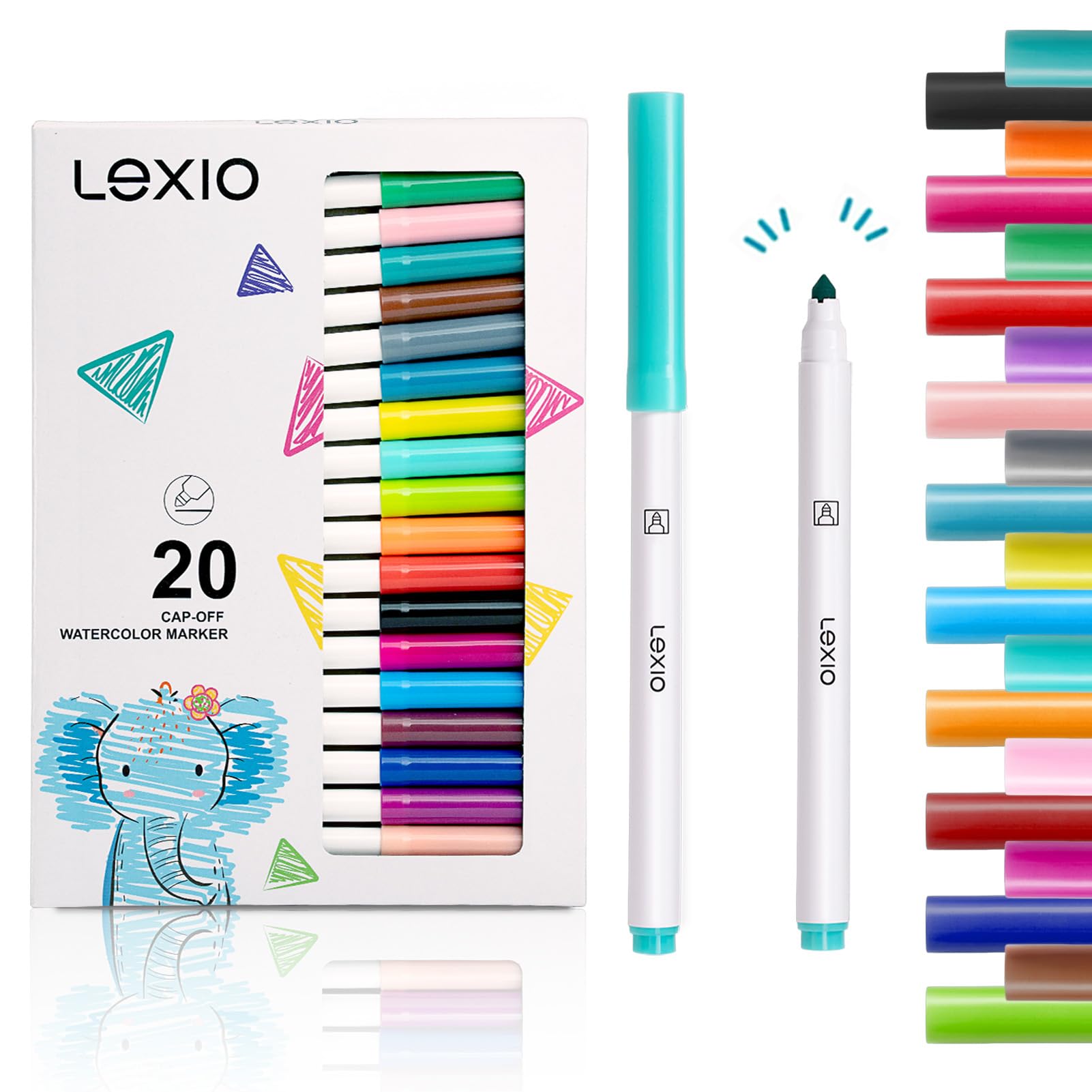 Lexio Pennarelli lavabili per bambini dai 3 anni in su, 20 pennarelli dai colori vivaci per bambini, con punta conica, atossici e sicuri, a base d'acqua, ideali come regalo, forniture artistiche e