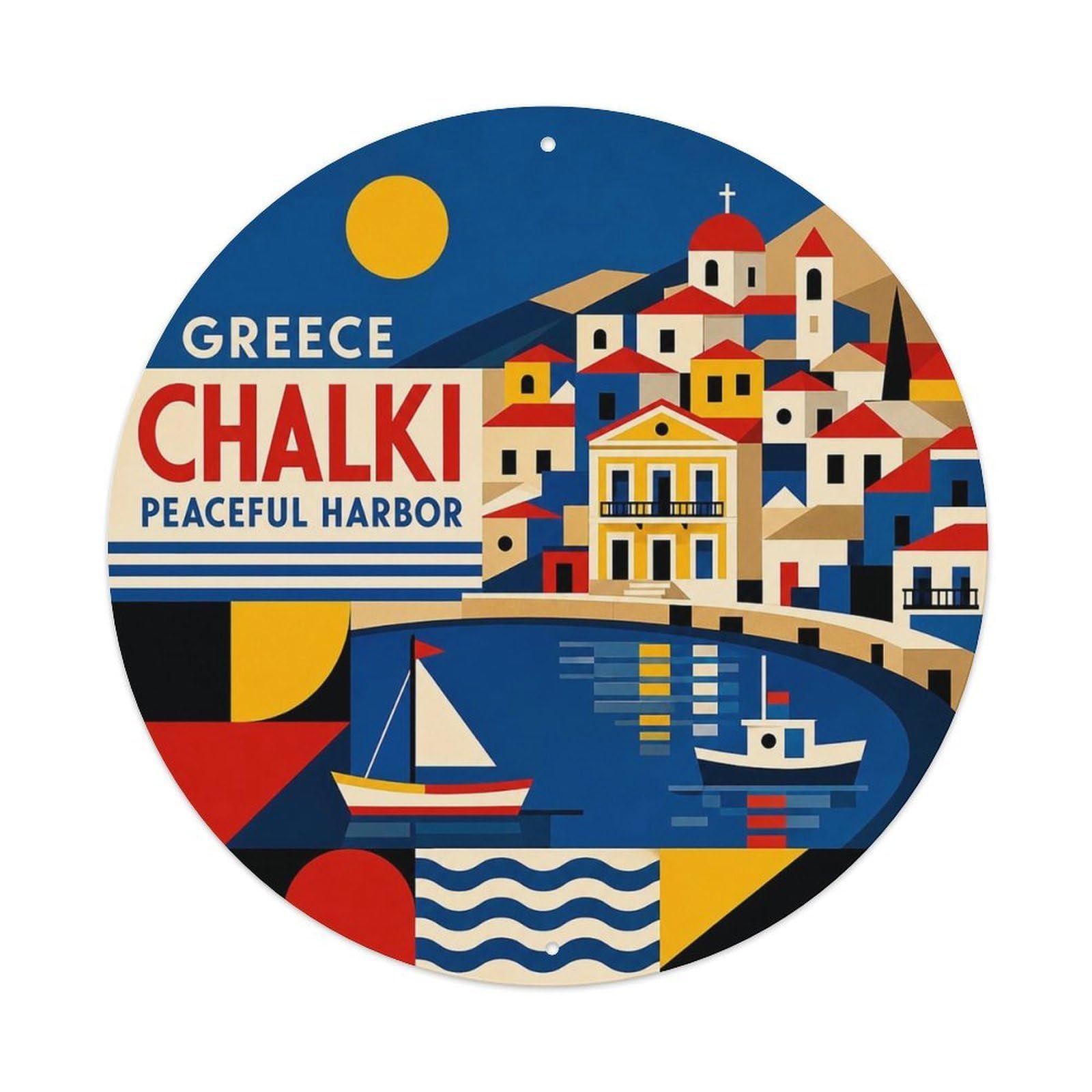 Chalki Peaceful Harbor Greek Color Block Landmark Metal Tin Sign