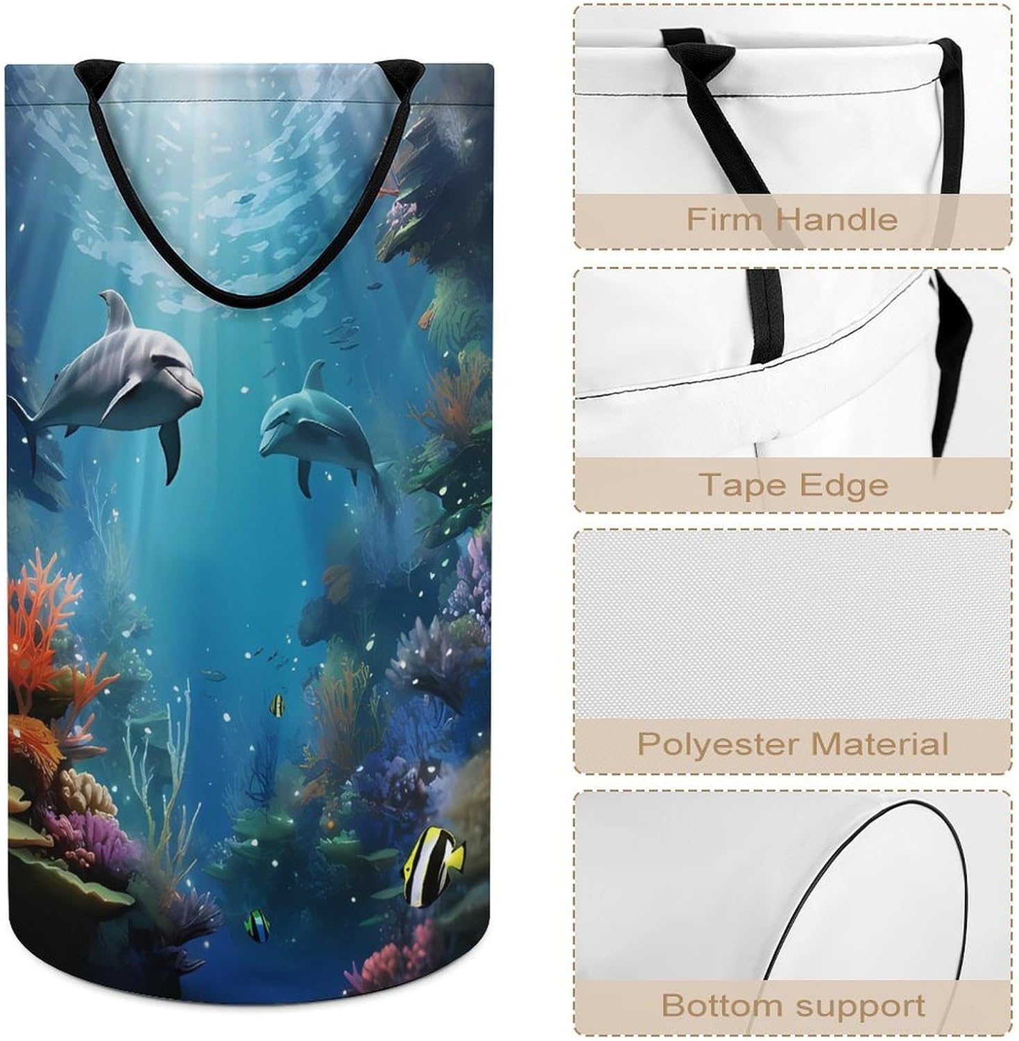 Blue Ocean Underwater Fish Laundry Basket Freestanding Laundry Hamper with Handles Waterproof Dirty Clothes Hamper Collapsible Washing Bin Aesthetic Clothes Basket for Bathroom Bedroom Dorm