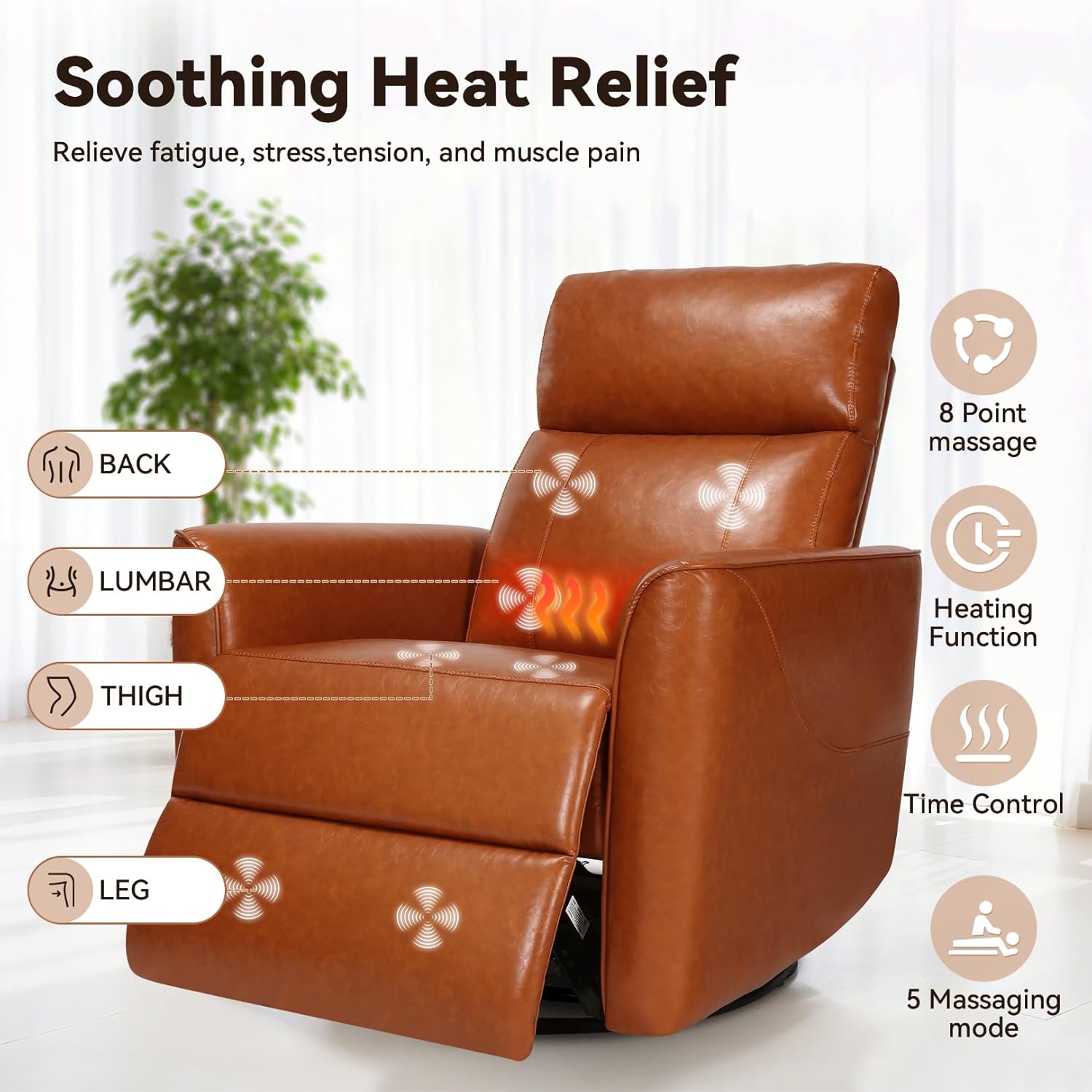 Himimi Power Recliner Chair, Swivel Rocker Recliner with Massage and Heat, Nursery Glider for Living Room, Small Space, Faux Leather, USB, Side Pockets, Orange-Brown