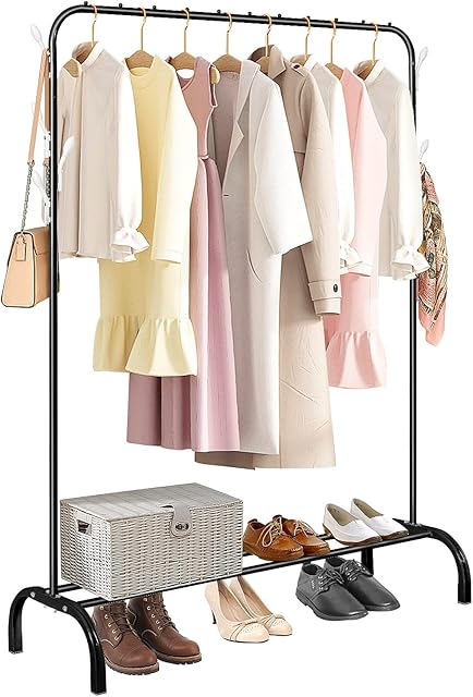 Queiting Clothes Rail Heavy Duty Clothes Rack 147.5x110x40.3cm Metal Clothing Rail for Bedroom with Lower Storage Shelf and Multi-slip Bead Coat Rack Freestanding Hanging Rail for Skirts Shoes (Black)