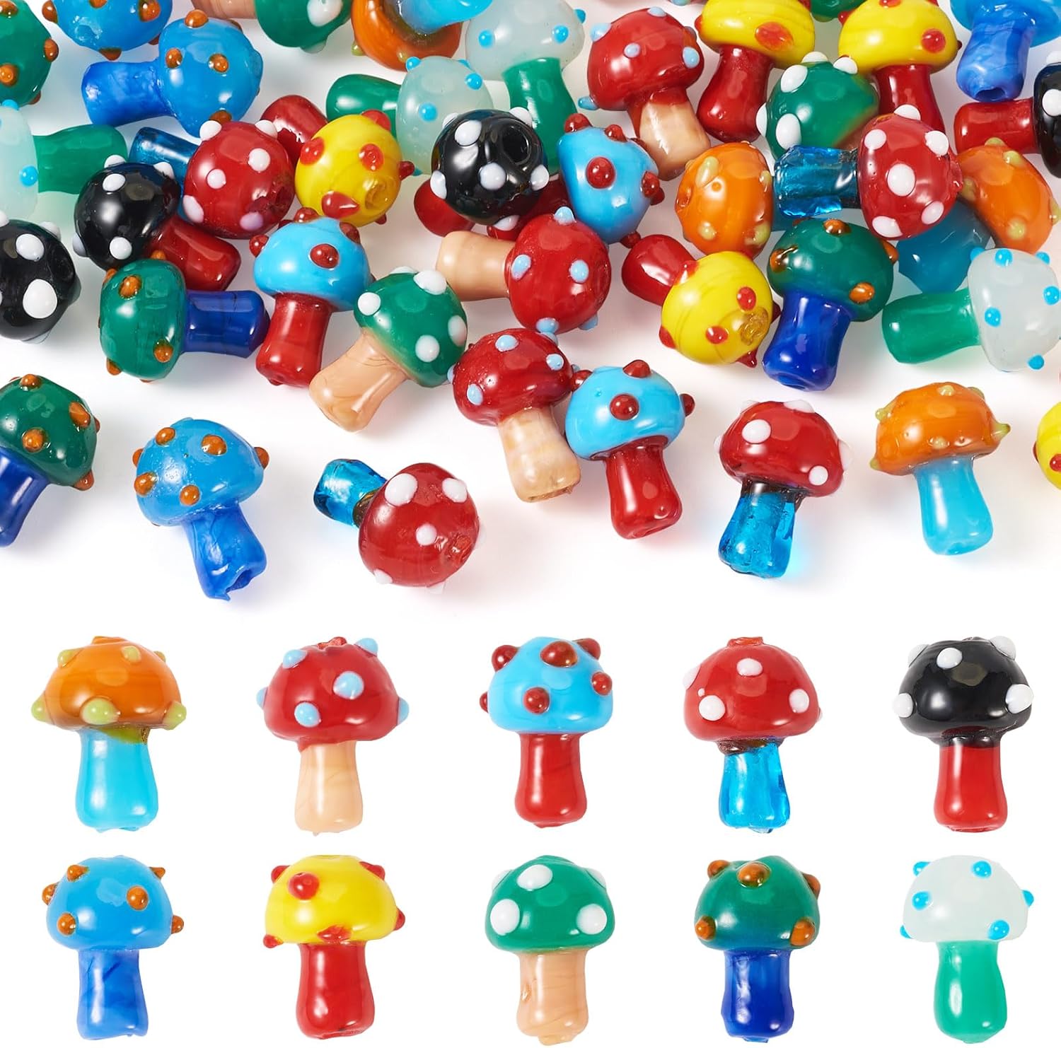 Cheriswelry 50Pcs Mushroom Lampwork Bead Cute Mushroom Glass Loose Spacer Bead Handmade Bumpy Beads 10 Colors 15-16.5mm for DIY Craft Bracelet Earring Necklace Jewelry Making