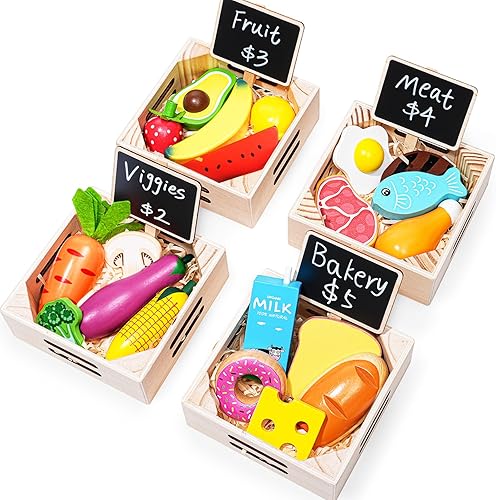 Grupos de alimentos 20 juegos de alimentos de madera y 4 jaulas y 4 mini pizarras y 15 dinero de juego, accesorios de cocina de juguete para niños