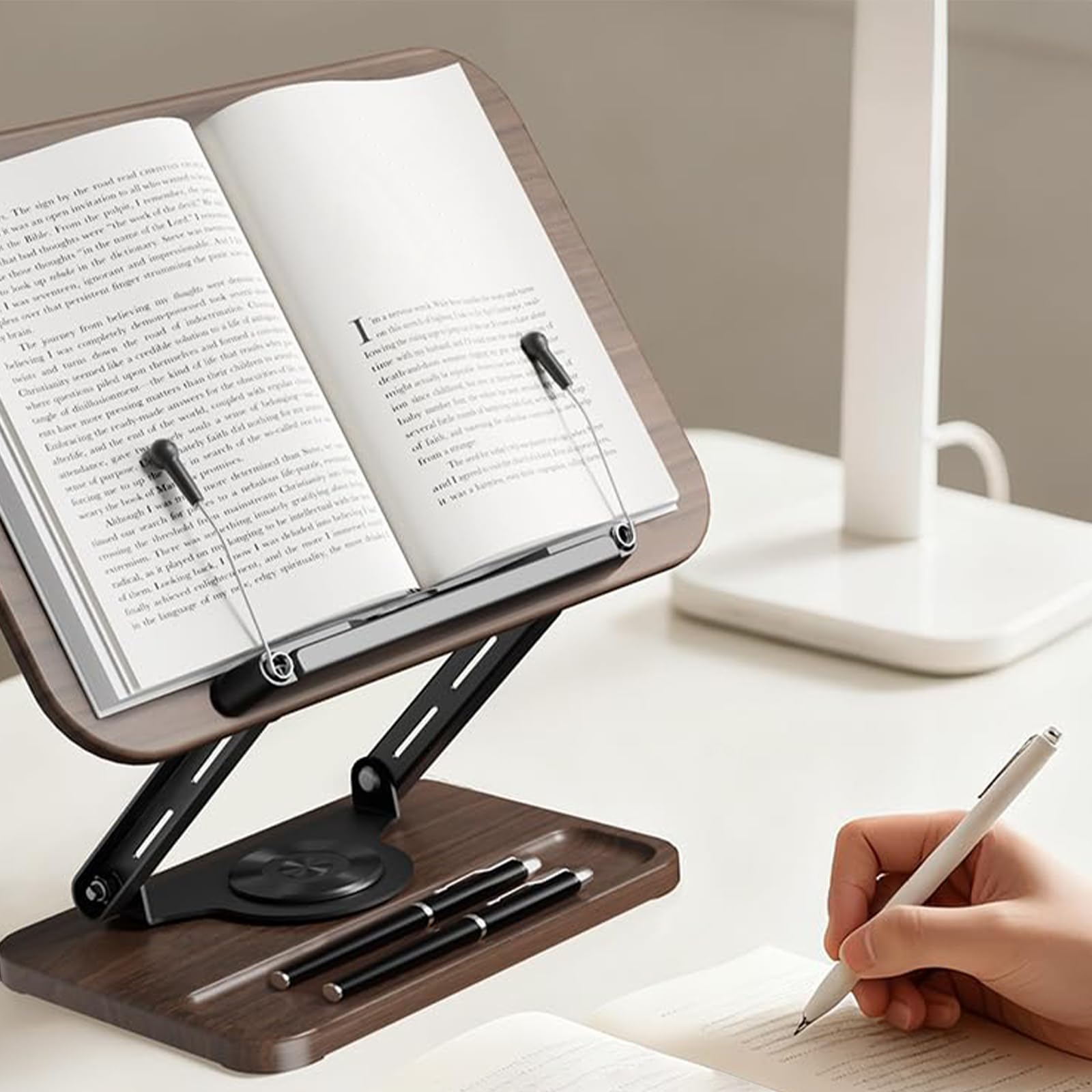 Support de livre réglable pour étude et cuisine - Rotation lisse à 360° - Clip de page extensible - Base en bois robuste - Rangement miniature réglable et ergonomique